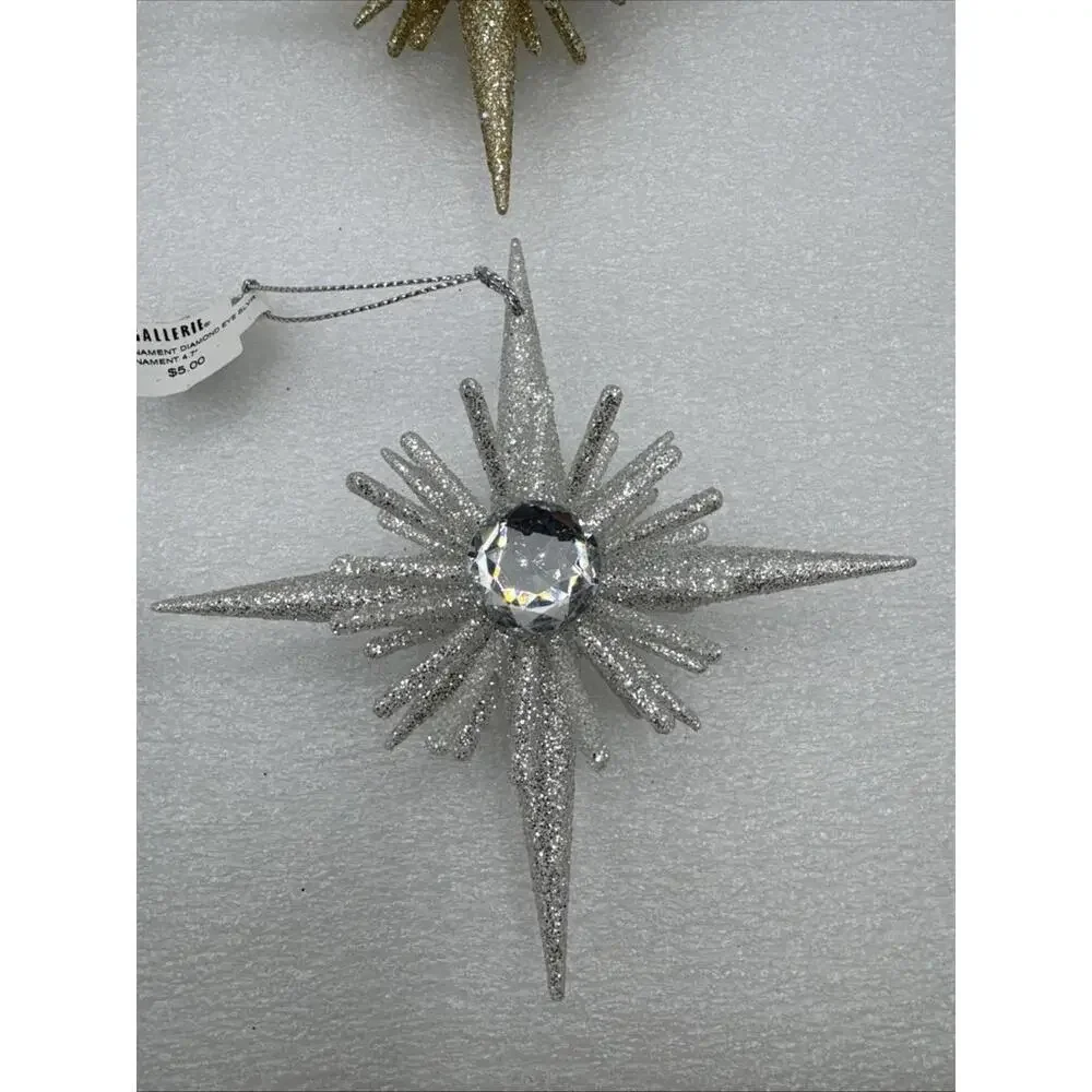 Set Of 4 Z Gallerie Diamond Eye Star Glitter 4.7” Ornaments 2 Silver 2 Gold 3D